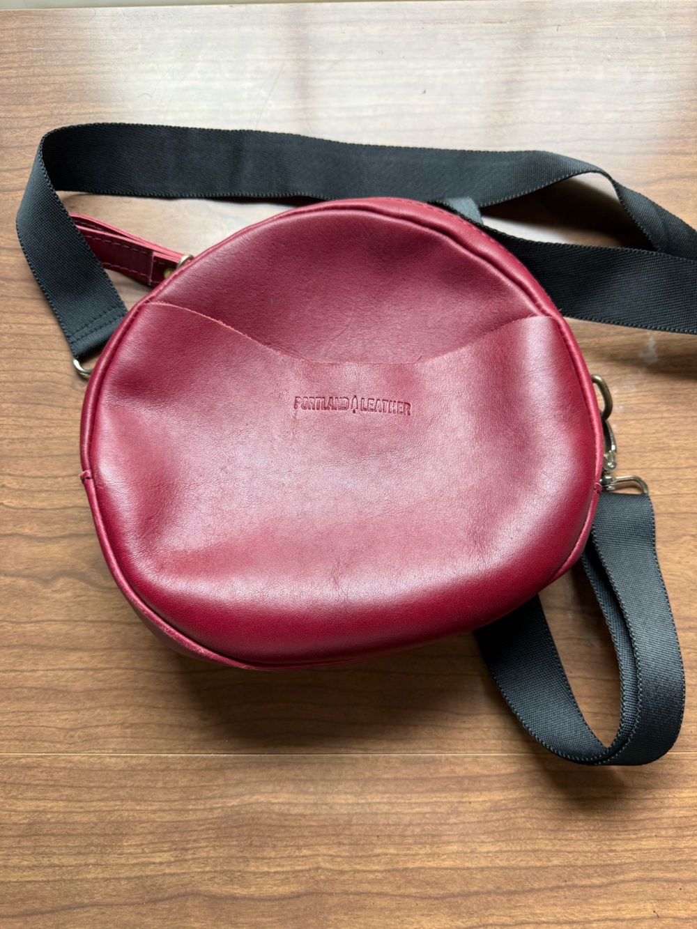 Portland Leather Round Crossbody Bag - Wine Red with Black Strap